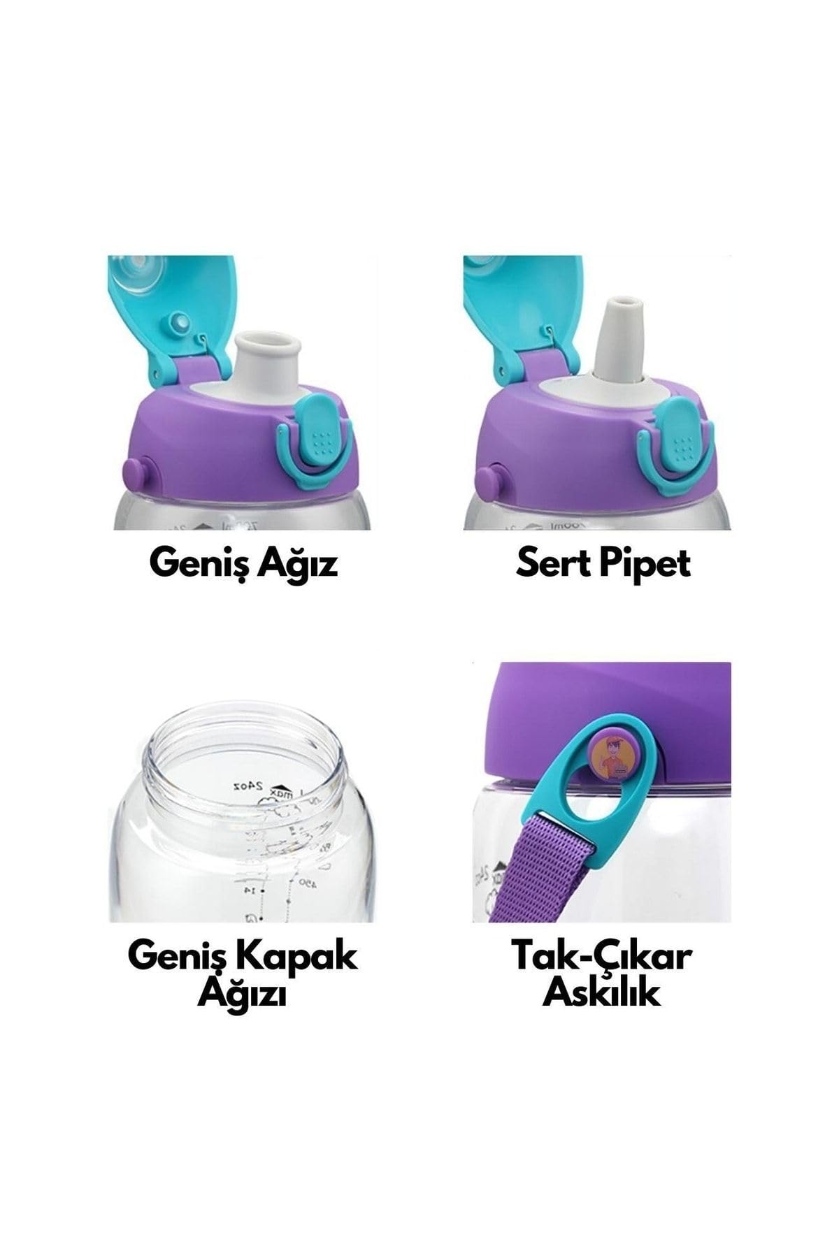 Uzspace Küçük Boy 480Ml Kılıflı Askılı Pipetli/Pipetsiz Iki Ayrı Kapaklı Tritan Çocuk Matarası 6955482320230