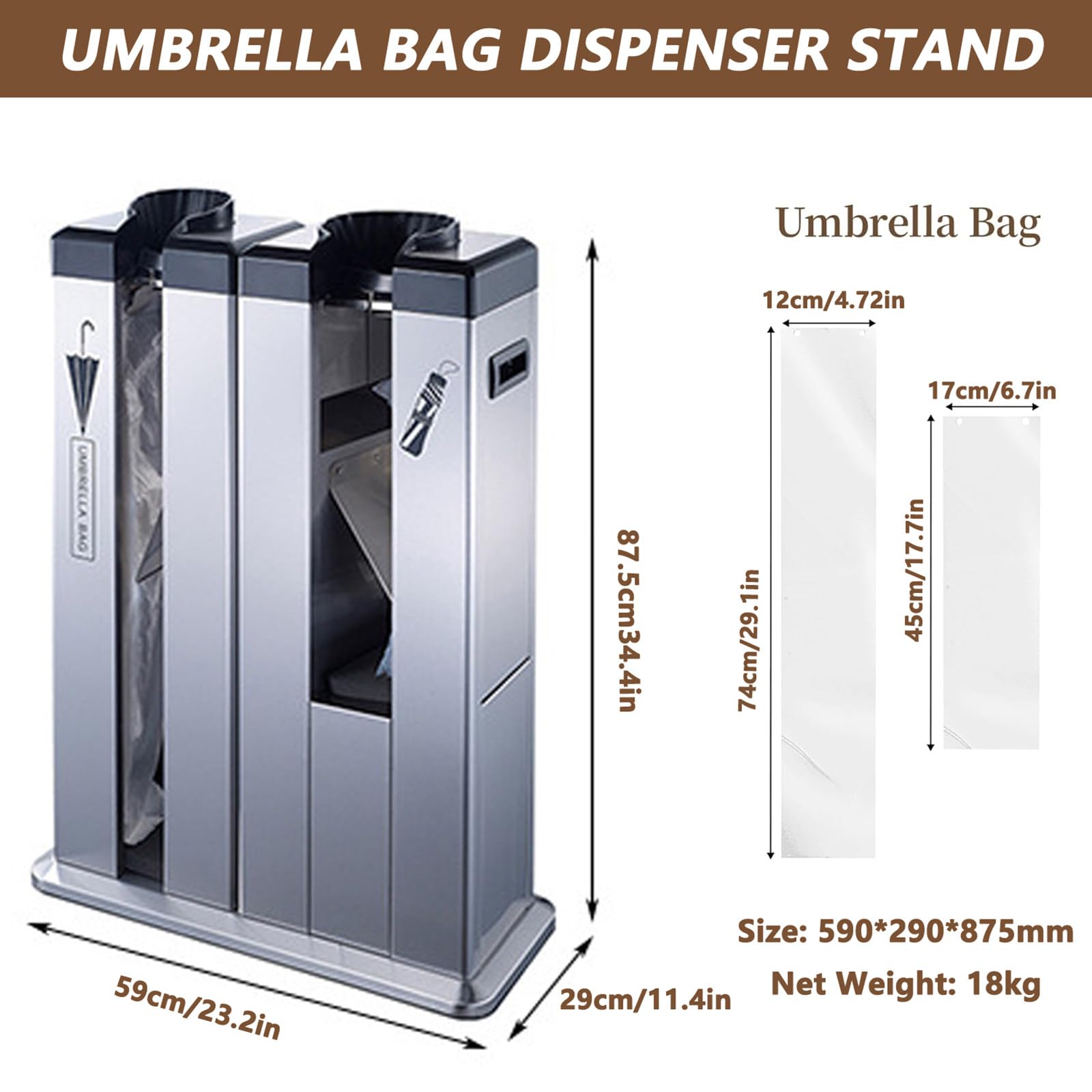 Machine d'emballage de parapluies humides Commerciale avec Distributeur de Sacs sur roulettes pour Bureaux et événements Professionnels. Solution Durable, Pratique et Peu encombrante.