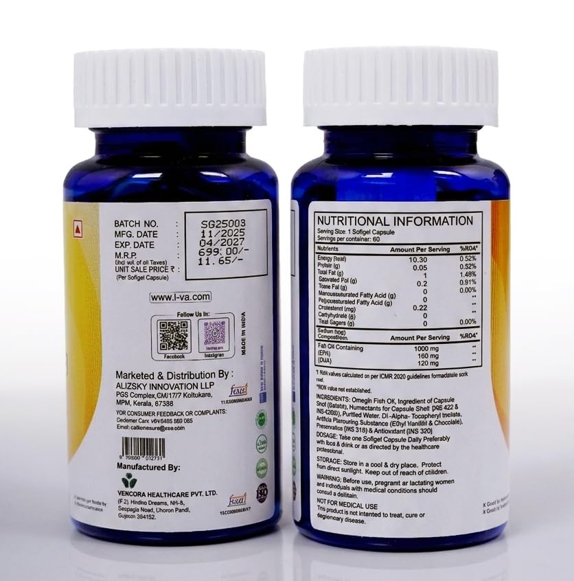 Image of Omega 3 Fish Oil 1000mg with EPA 180mg & DHA 120mg - Heart & Brain Support Supplement | Capsule For Healthy Heart, Eyes & Joints, 60 grams - 60 Softgel Capsules