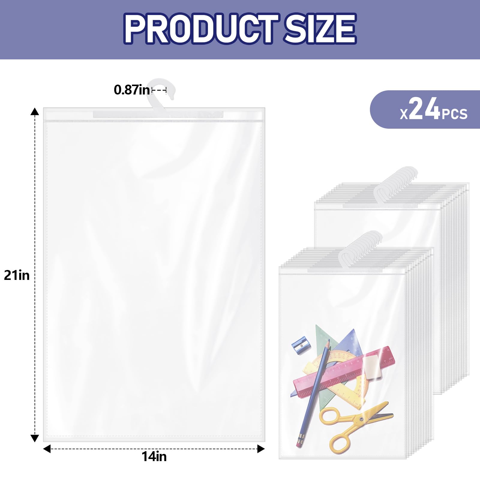 Locmeo 24 Pcs Hanging Storage Bags Large Hook 14 x 21 Inches Clear Hanging Book with Hook Bags for Classroom Pouch for Home Library School Organization