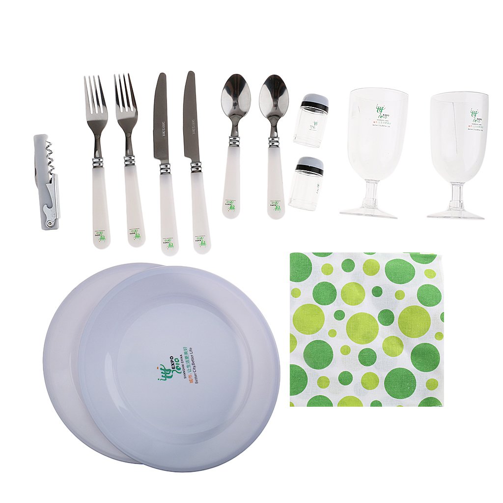 Camping Set Pique-nique 2 Personnes Sac Ronde Portable avec Couverts,Verre, Bouteilles de Poivre,Ouvre-bouteille - vert, 26cm x 26cm x 8cm