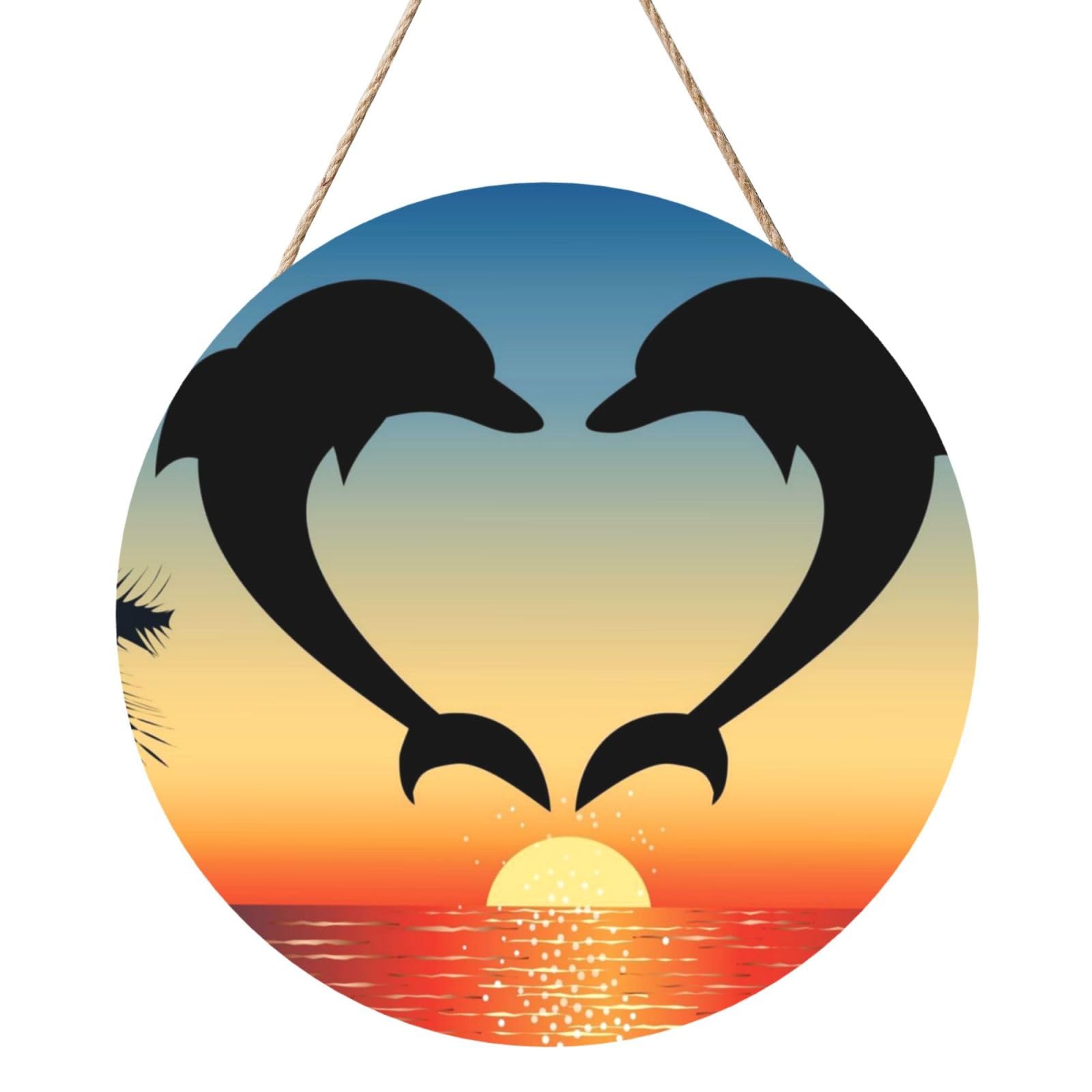 InOmak Two Dolphins Jumping Shaped Heart, Round Wood Panel Painting 12 in, Wall Hanging Painting For Home