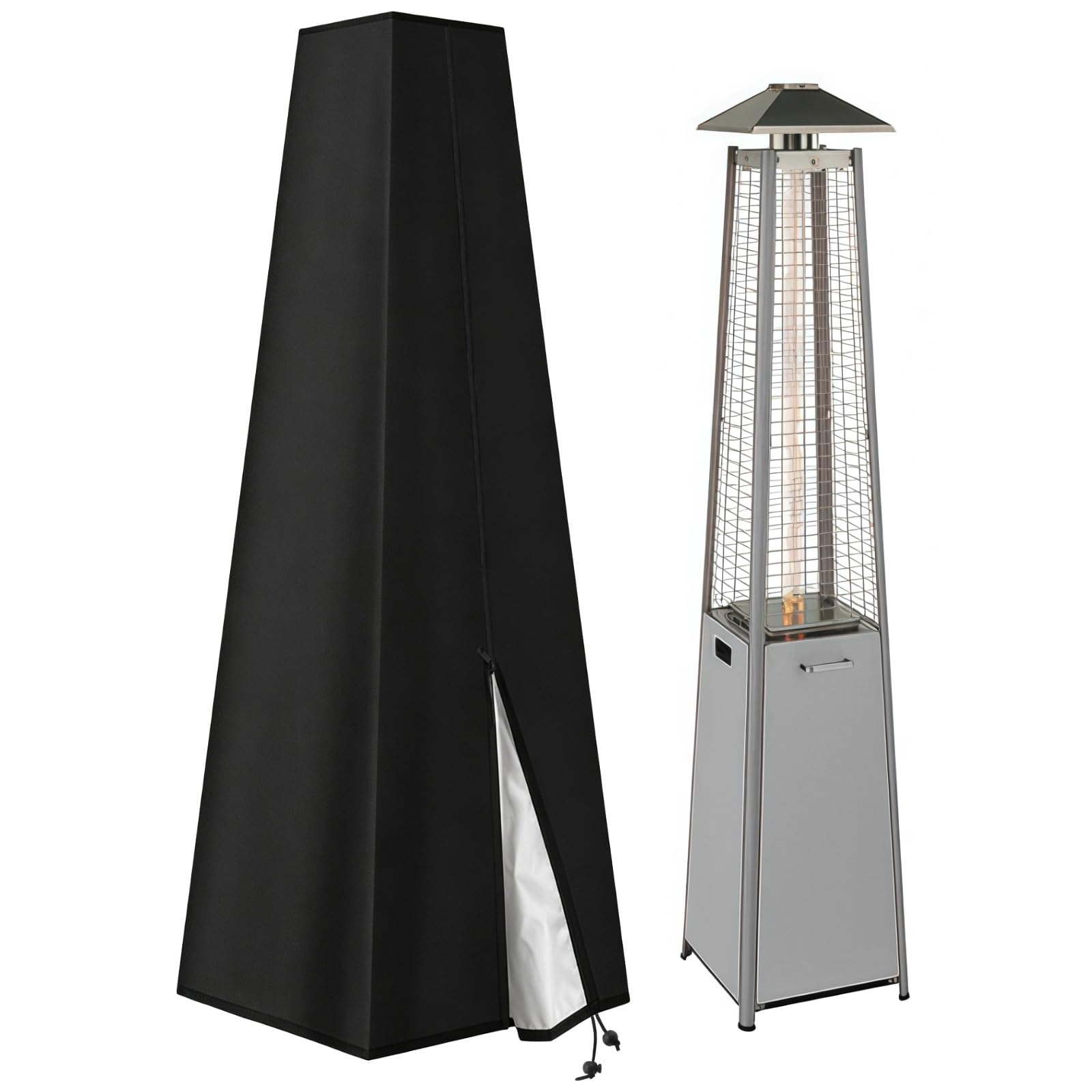 Waterproof Triangle Patio Heater Cover, 87 x 24 x 21 in Pyramid Heater Cover for Outdoor Use, 210D Oxford Fabric Silver Coated Protector with Zip and Drawstring for Most Large Heaters
