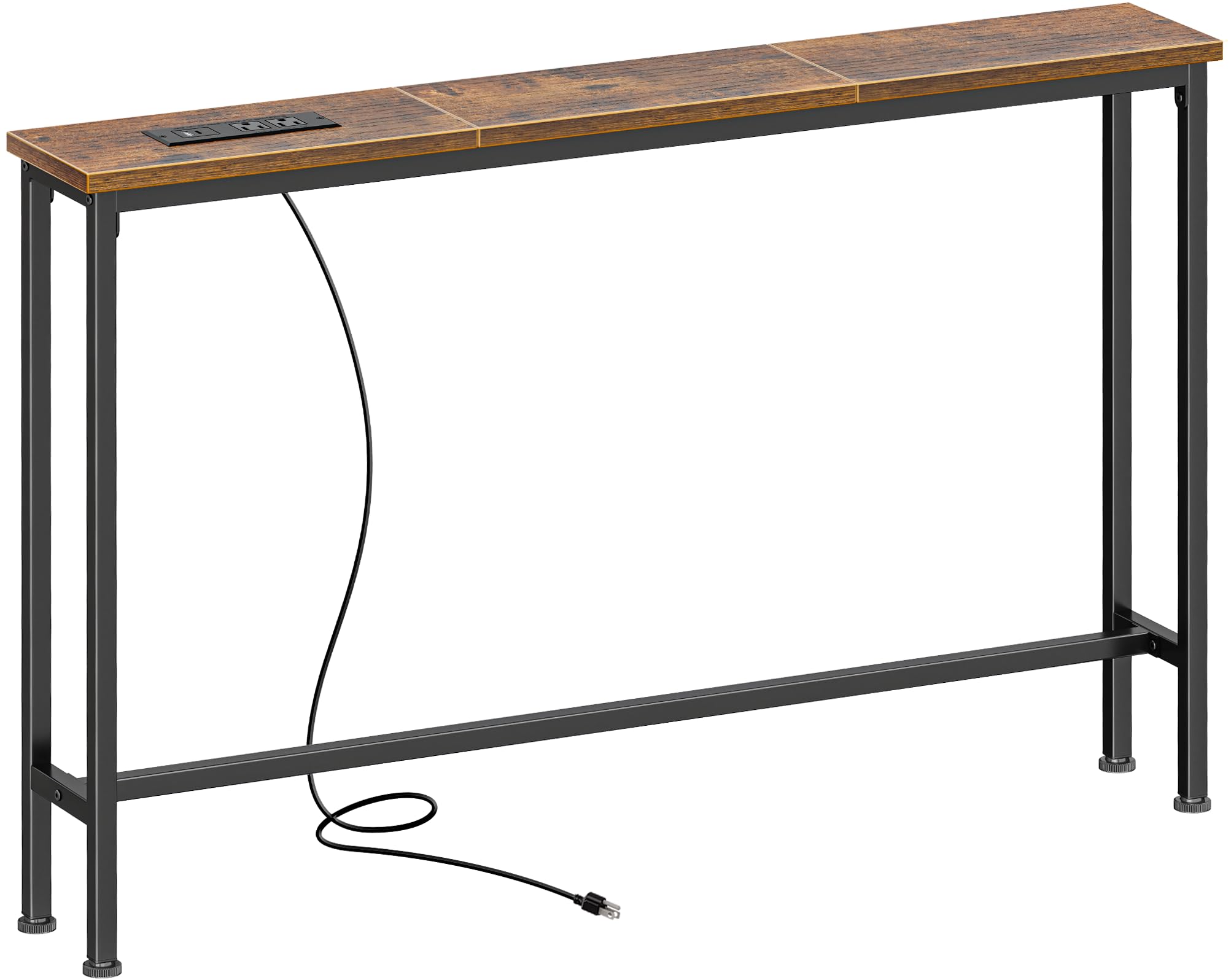 SUPERJARE 5.9 Inch Console Table with Outlet, Sofa Table, Beehind Couch Table, 5.9 x 39.4 x 29.1 Inches, Metal Frame, for Living Room, Hallway, Rusitc Brown