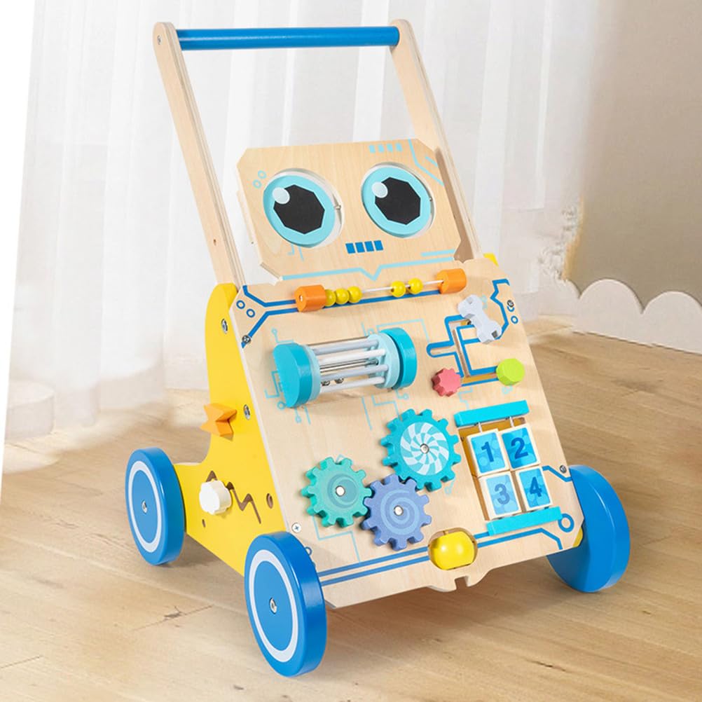 Drewniany chodzik dla niemowląt w kształcie robota, pchacz z panelem do zabawy