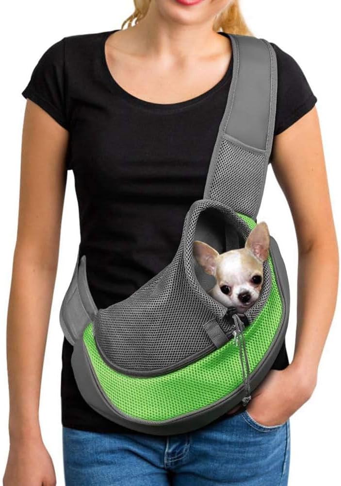 Pet Dog Out Carrying Bag,Pet Dog Sling Carrier Breathable Mesh Travel Safe Sling Bag Carrier for Dogs Cats,Within 3 kg,Green,Small,38 * 10 * 20CM