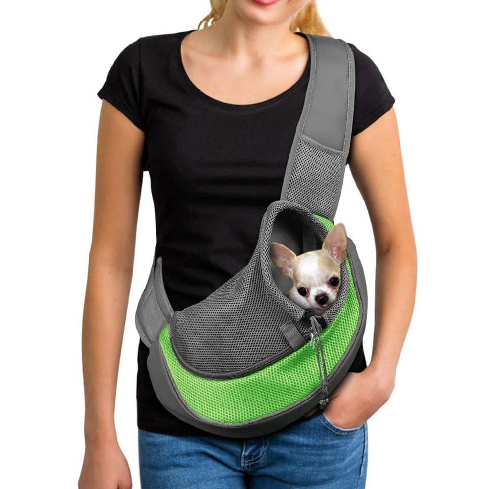 COOLBABY Pet Dog Out Carrying Bag,Pet Dog Sling Carrier Breathable Mesh Travel Safe Sling Bag Carrier for Dogs Cats,Within 3 kg,Green,Small,38 * 10 * 20CM