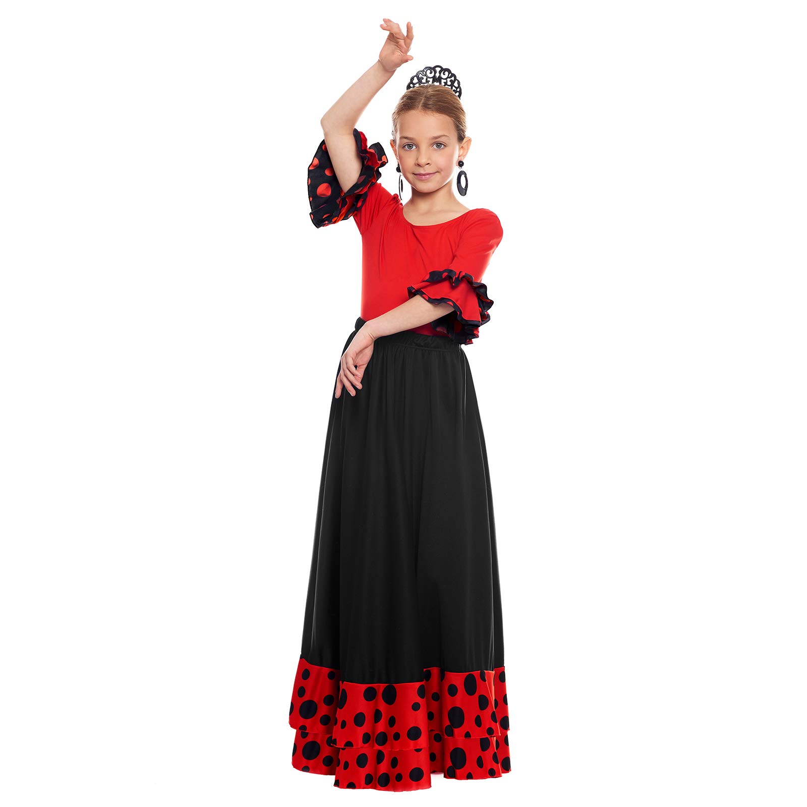 Falda Flamenca Niña Negra Lunares Negros Volante Doble Rojo Talla 12 años Danza Disfraz