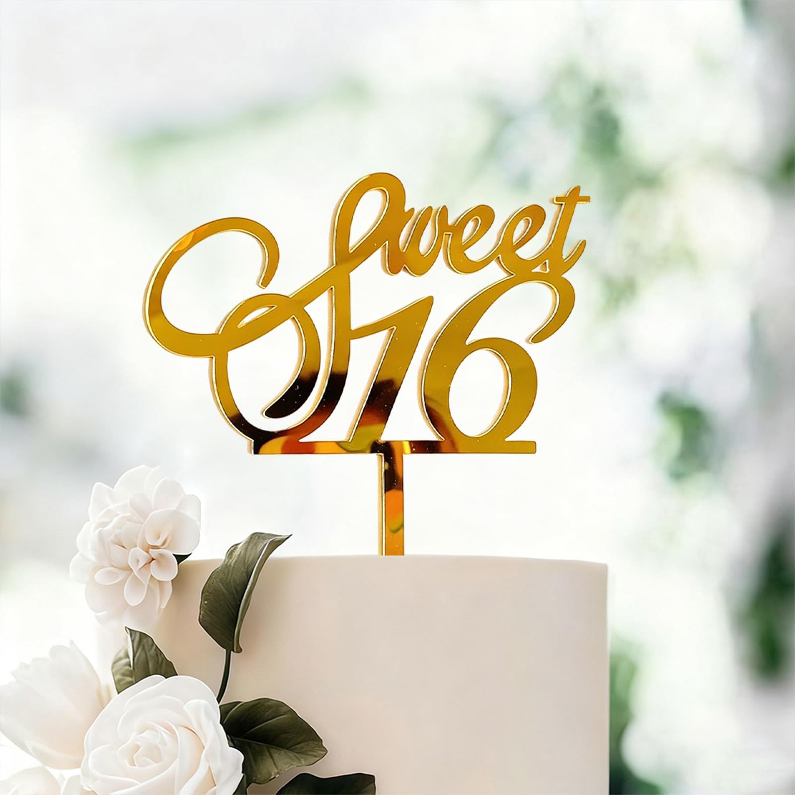 Sweet 16 Cake Topper - Gold Acrylic Birthday Decoration for Party, Non-Edible Cake Sign with Elegant Script, Ready to Use (10.5cm)