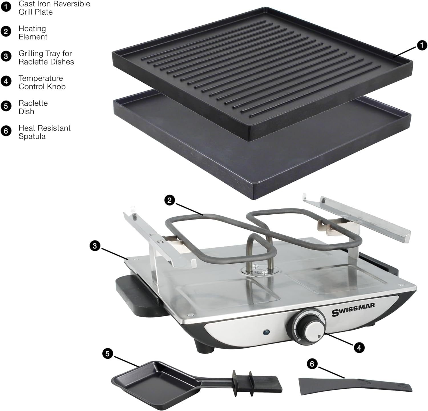 Swissmar Geneva Raclette grill do raclette dla 4 osób, z patelniami i suwakami, mini grill raclette z płytą grillową z powłoką zapobiegającą przywieraniu i 4 patelniami do raclette, 800 W