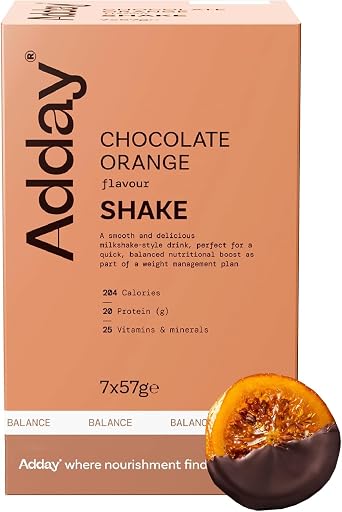 Adday High Protein Meal Replacement Shake Chocolate Orange- 7 Complete Meals- 20g Protein, 26 Vitamins- Low Calorie Total Diet Replacement- Gluten Free, Halal, Kosher
