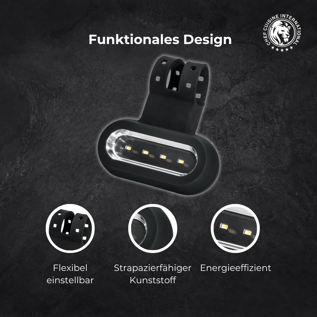 Chef Cuisine Grill Licht LED – Grill Beleuchtung mit drei Helligkeitsstufen, batteriebetriebene Kunststoff Grill Lampe, universelle Befestigung mit Silikonband, 4 LEDs, Leuchtdauer bis zu 18 Stunden