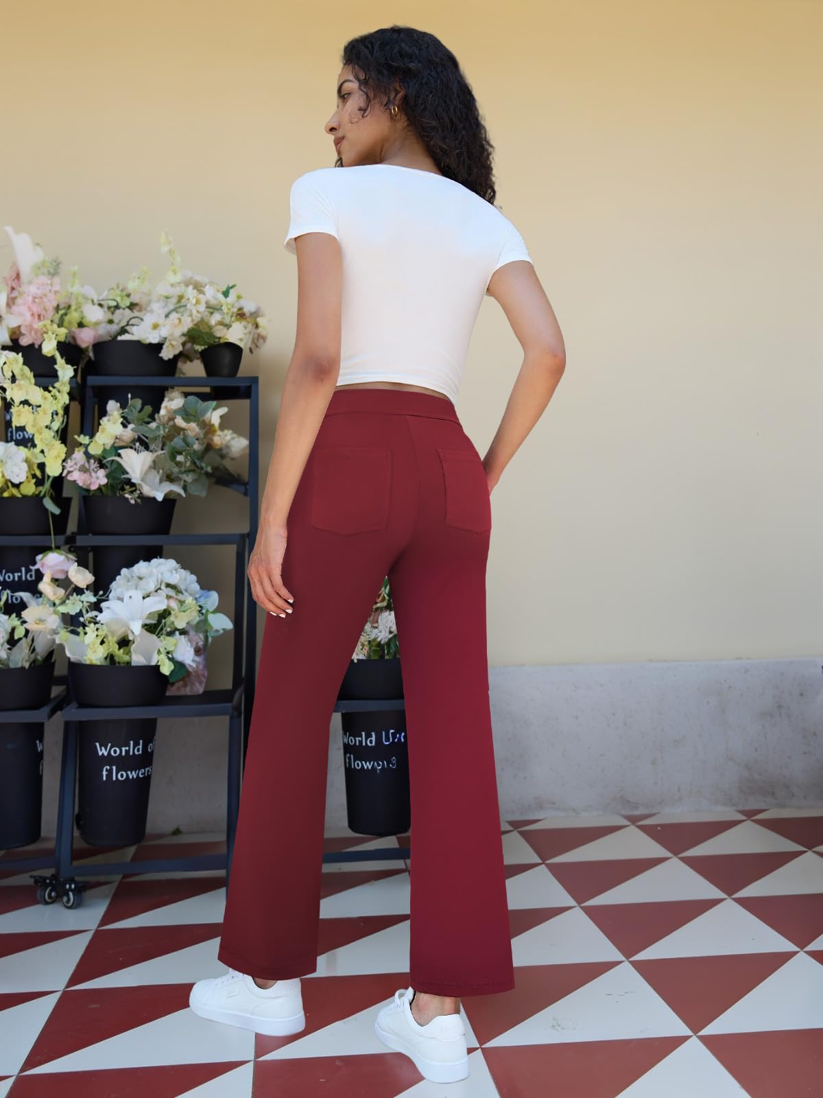 keriffe Women's Straight Leg Pants High Waisted Button Stretchy Business Work Dress Casual Trousers Multiple Pockets: Small Wine Red