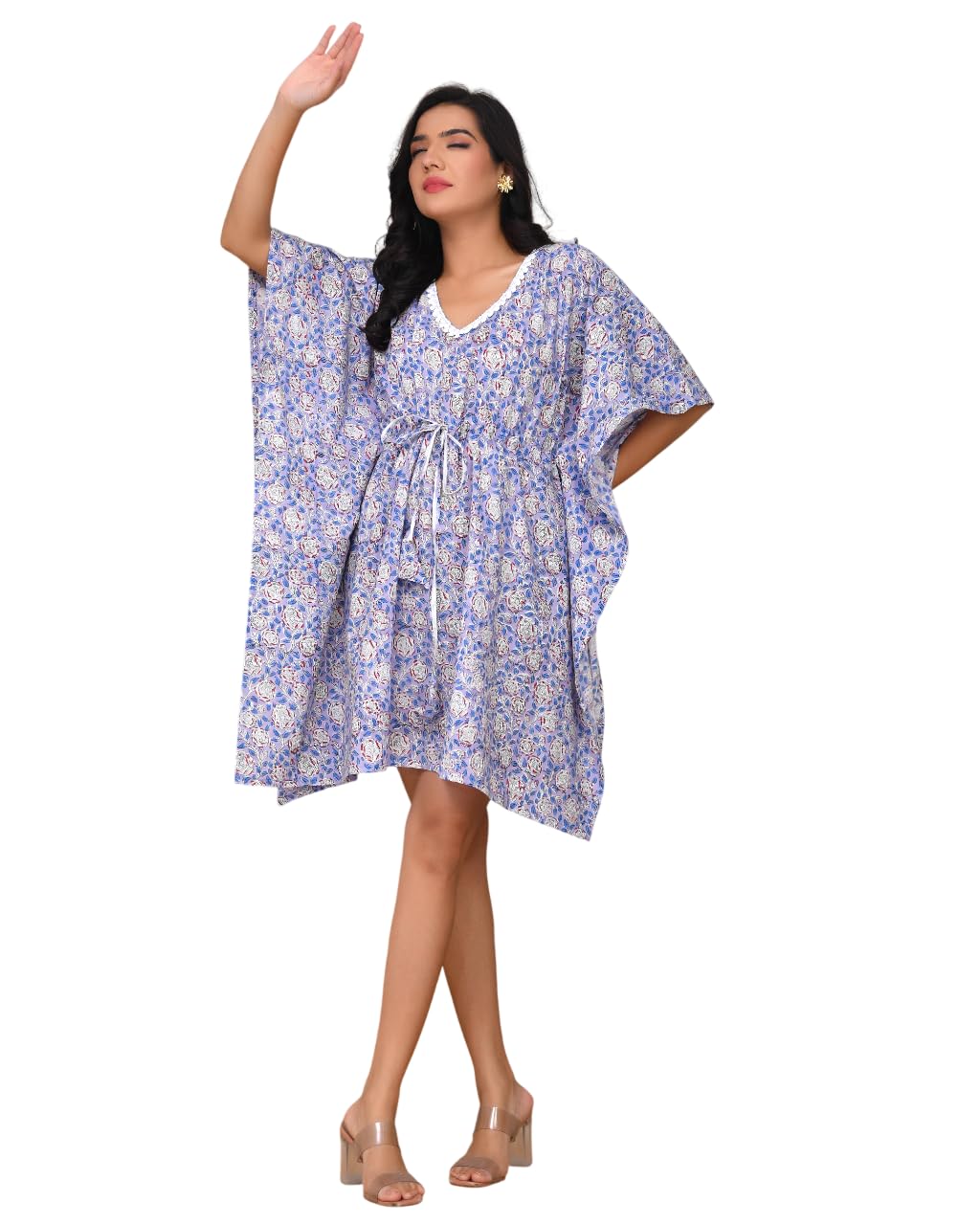 peony bloom Pastel Garden Cotton Kaftan for Women – Soft Breathable Floral Short Kaftan Dress for Lounge, Vacation, Beach & Resort Wear Blue-picture-22