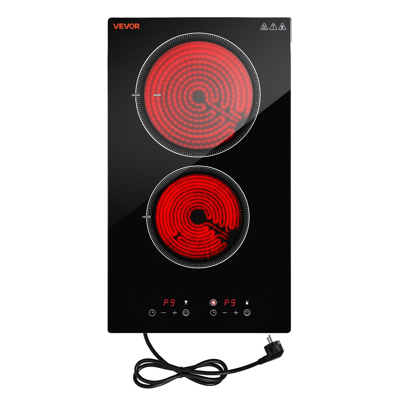 VEVOR Electric Cooktop 12inch 2 Burners Portable Stove Top, Ceramic Radiant Stove Countertop &amp; Built-in, 9 Power Levels, Timer, Child Lock, Touch&amp;Independent Control, Single Ring, Upgraded, 110V 1800W