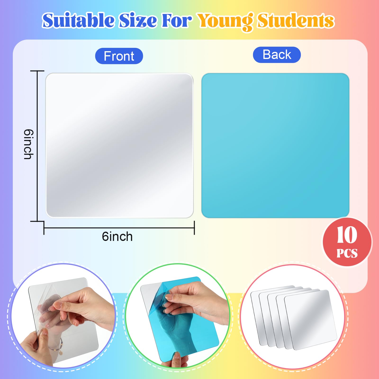 Dandat 10 Pcs Small Mirrors for Kids 6 x 6 Inch Square Shatter Proof Reflector Toddler Glass Plastic Reflector for Classroom DIY Craft Preschool Facial Expression (Classic Colors)