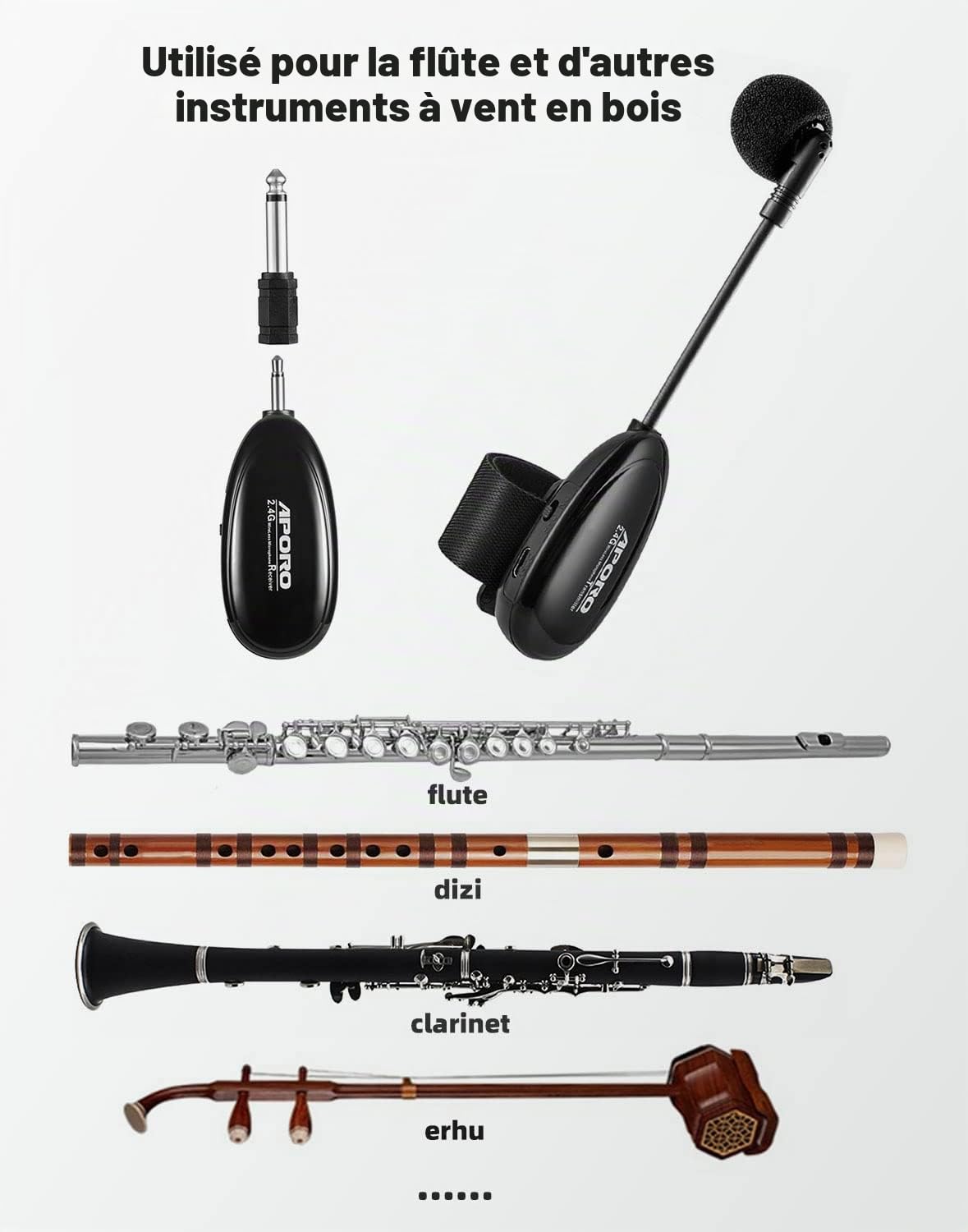 Microphone de Flûte Sans Fil 2,4 G pour Instruments de Musique, Récepteur et Émetteur Sans Fil, pour Flûte et plus encore