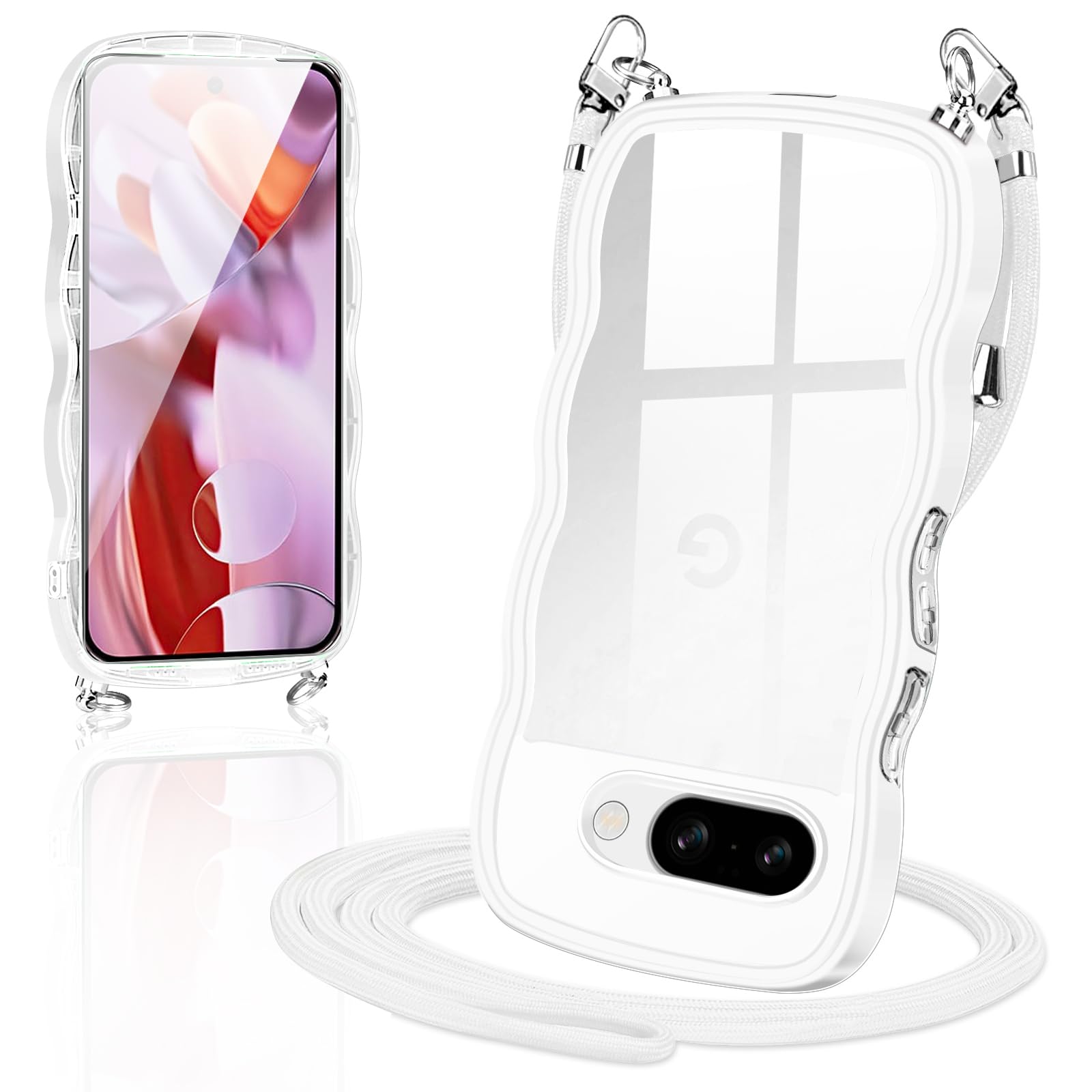 Google pixel 9a 用の ケース ショルダー クリア なみなみ TPU ピクセル 9a スマホケース カバー 創意 個性 肩掛け 首掛け 斜めかけケース 可愛い かわいい 韓国 透明 耐衝撃(ホワイト)