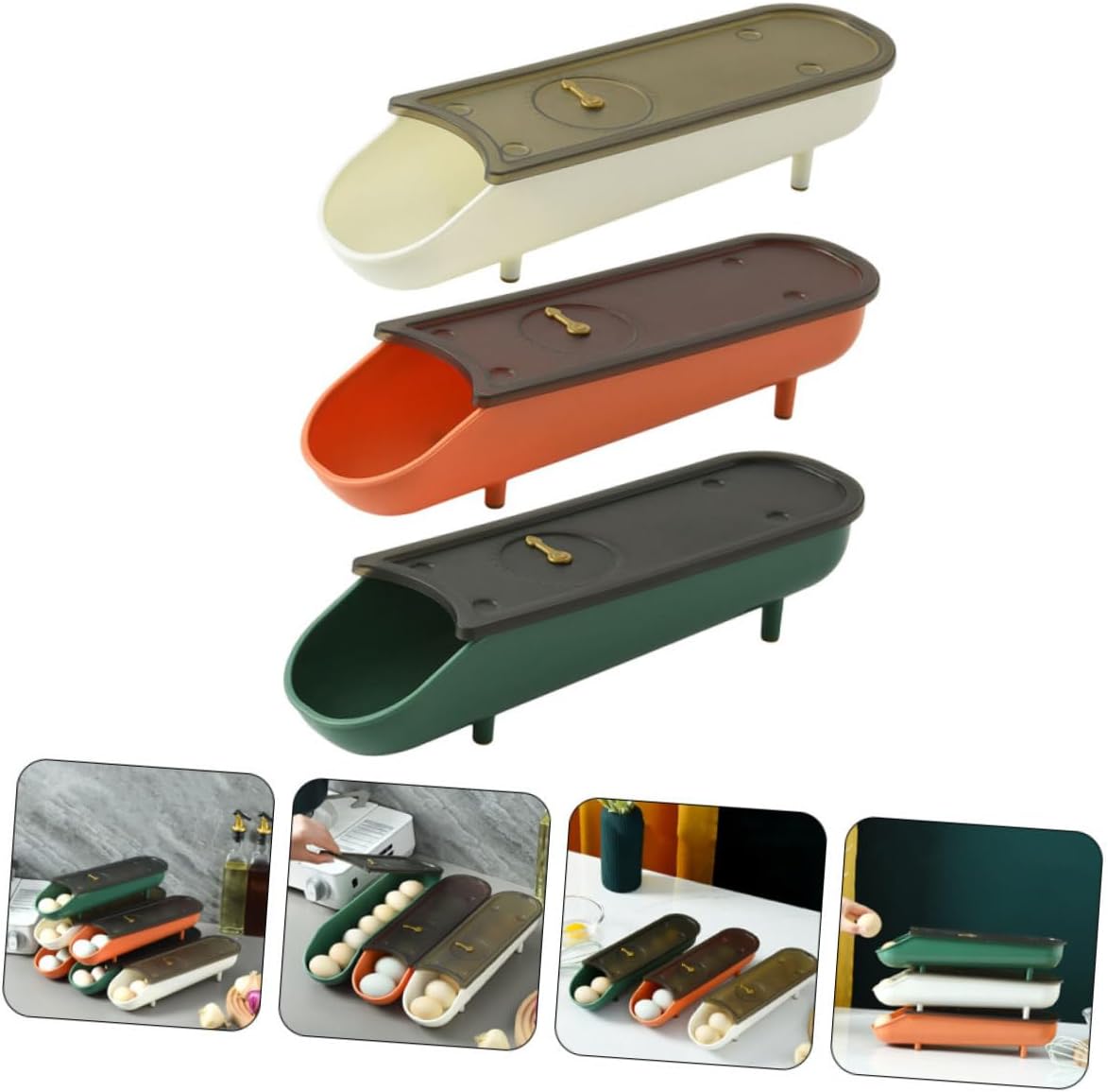 3pcs Stackable Egg Storage Container Automatic Scrolling Feature Refrigerator Organizer Bins Lid for Fresh Eggs White Green Orange