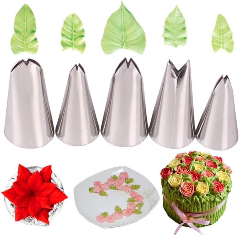 Rosojodg 5pcs Silver Russian Icing Piping Nozzles Leaf Writing Tips Set Stainless Steel Cake Decorating Kit DIY Decoration Tool for Baking Cakes Cookies Sugarcraft Piping Nozzles