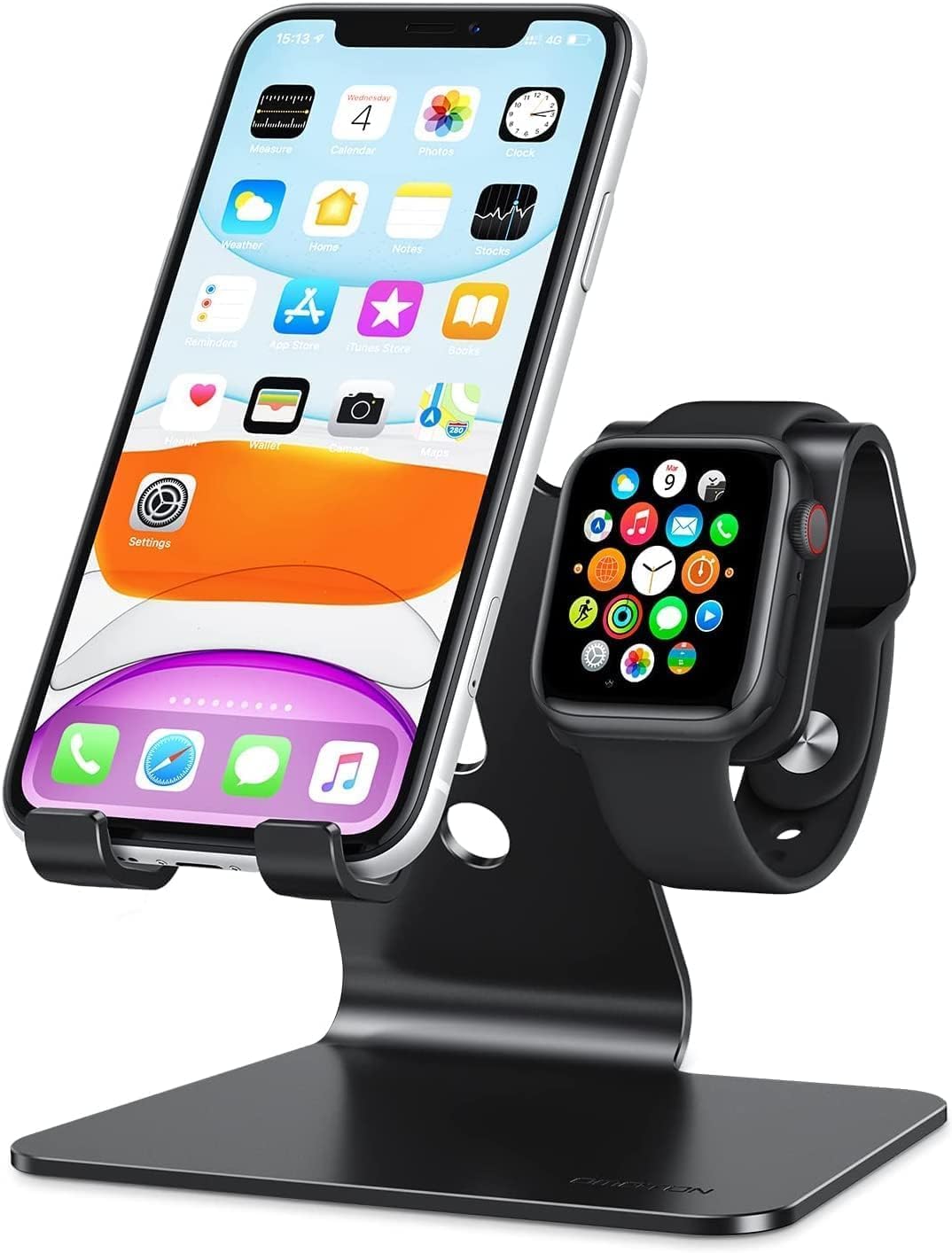 OMOTON Stand for Apple Watch - 2 in 1 Universal Desktop Stand Holder (Not Include Charger) for All iPhone 16 15 14 13 12 and Apple Watch Series 10/8/SE2/7/6/SE/5/4/3 (Both 38/40/41/42/44/45mm)-Black