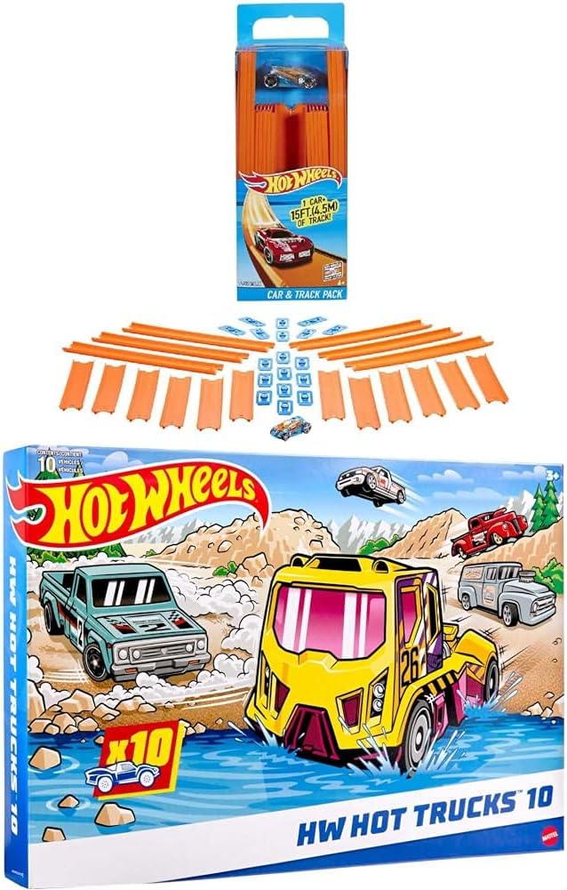Bundle of Hot Wheels Track Builder Straight Track Set, 37 Component Parts & 1:64 Scale Toy Car (Amazon Exclusive) + Hot Wheels Set of 10 Toy Trucks in 1:64 Scale (Styles May Vary)