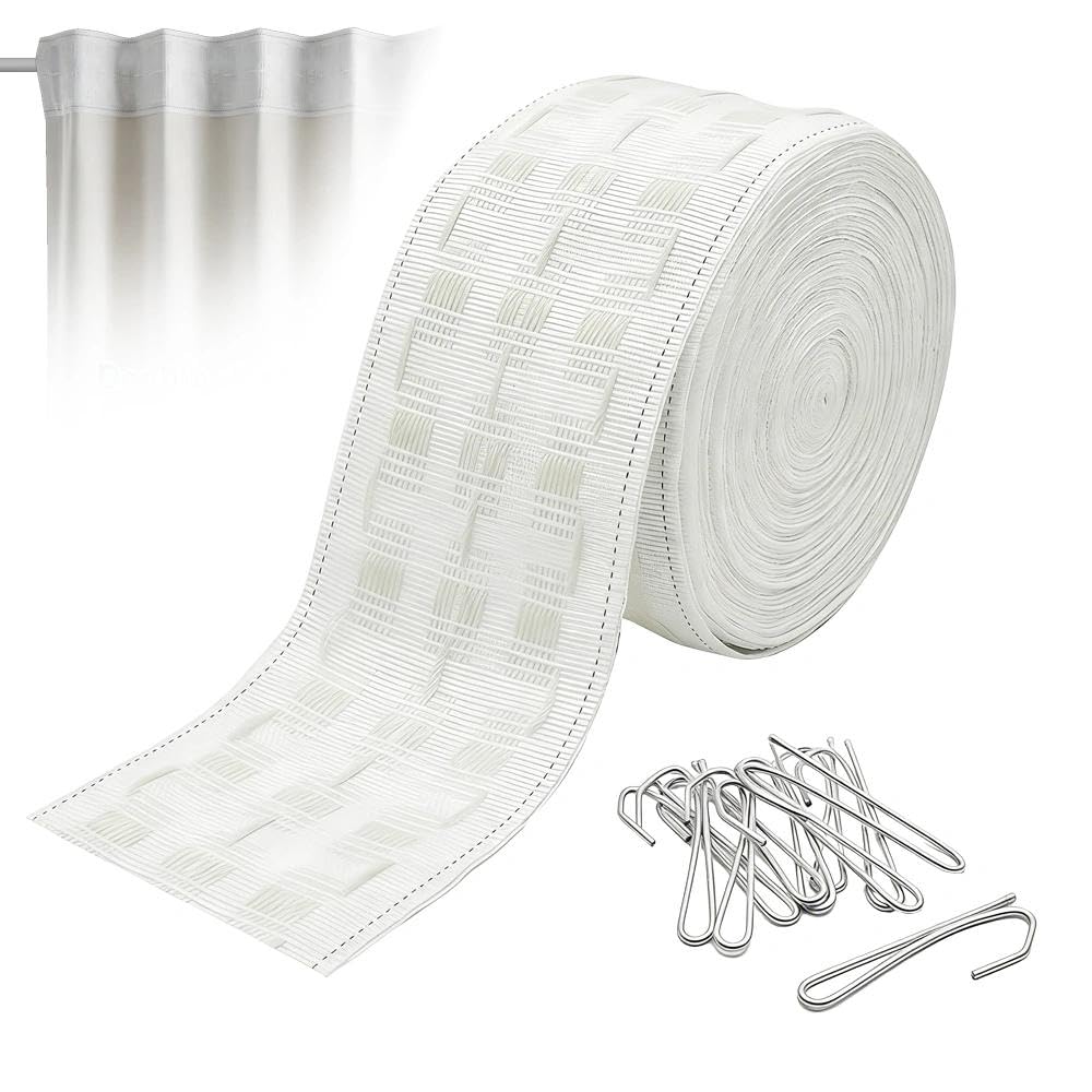 6m Curtain Tape with 30 Hooks, 3 Inch White Pencil Pleat Header Tape