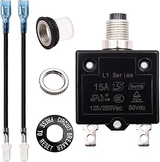 Tnisesm 15A Push Button Circuit Breaker 125/250V AC 50V DC, L1 Series Manual Reset Thermal Circuit Breaker with 19cm Wire Leads, 6.3mm Female Spade Terminals and Waterproof Button Transparent Cap