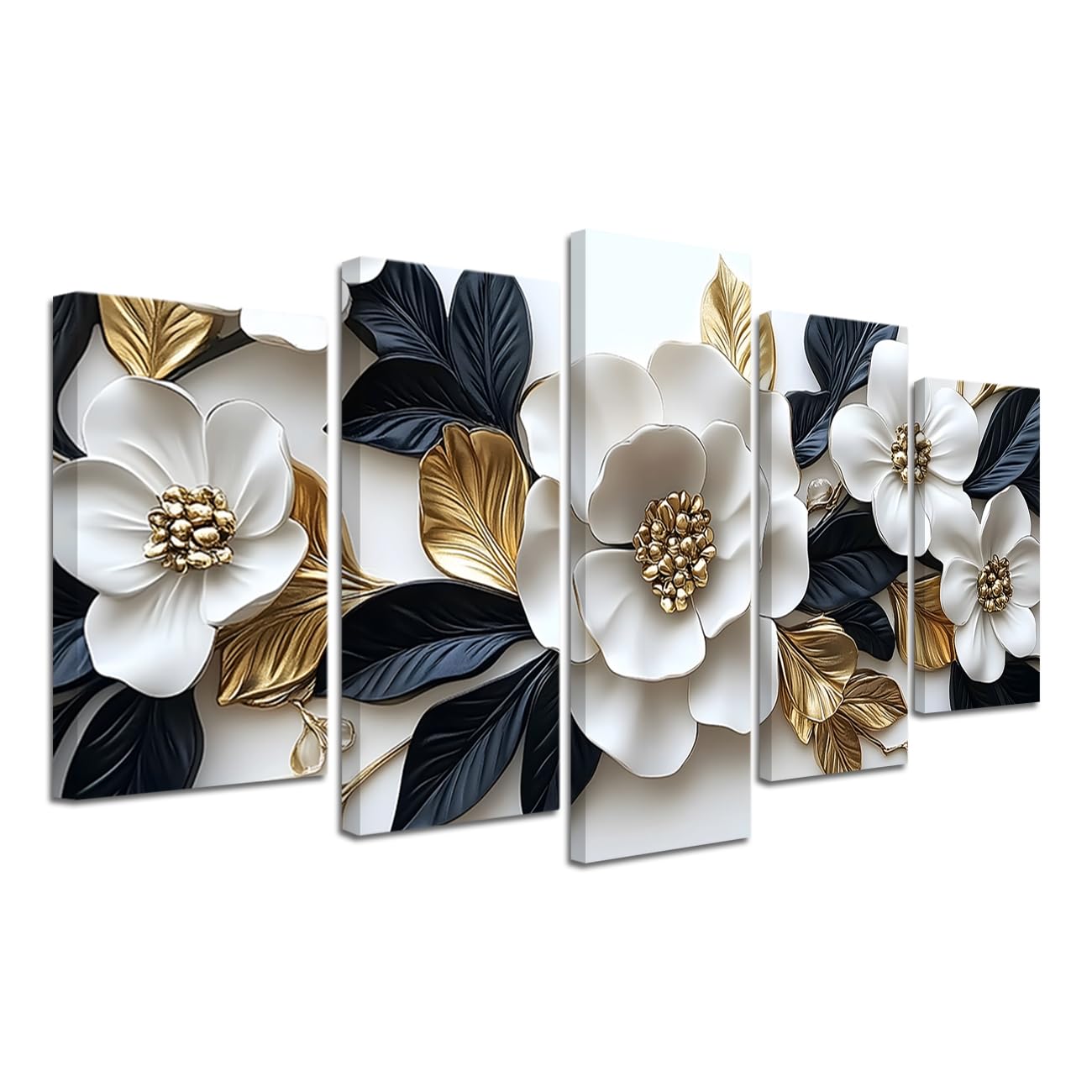 CXHOSTENT Flower Canvas Wall Art 5 Pieces White and Gold Floral Pictures Abstract Elegant Floral Painting Print Large Artwork for Bedroom Office Decor Framed (Gold, 12x20inx2 12x30inx2 12x40inx1)