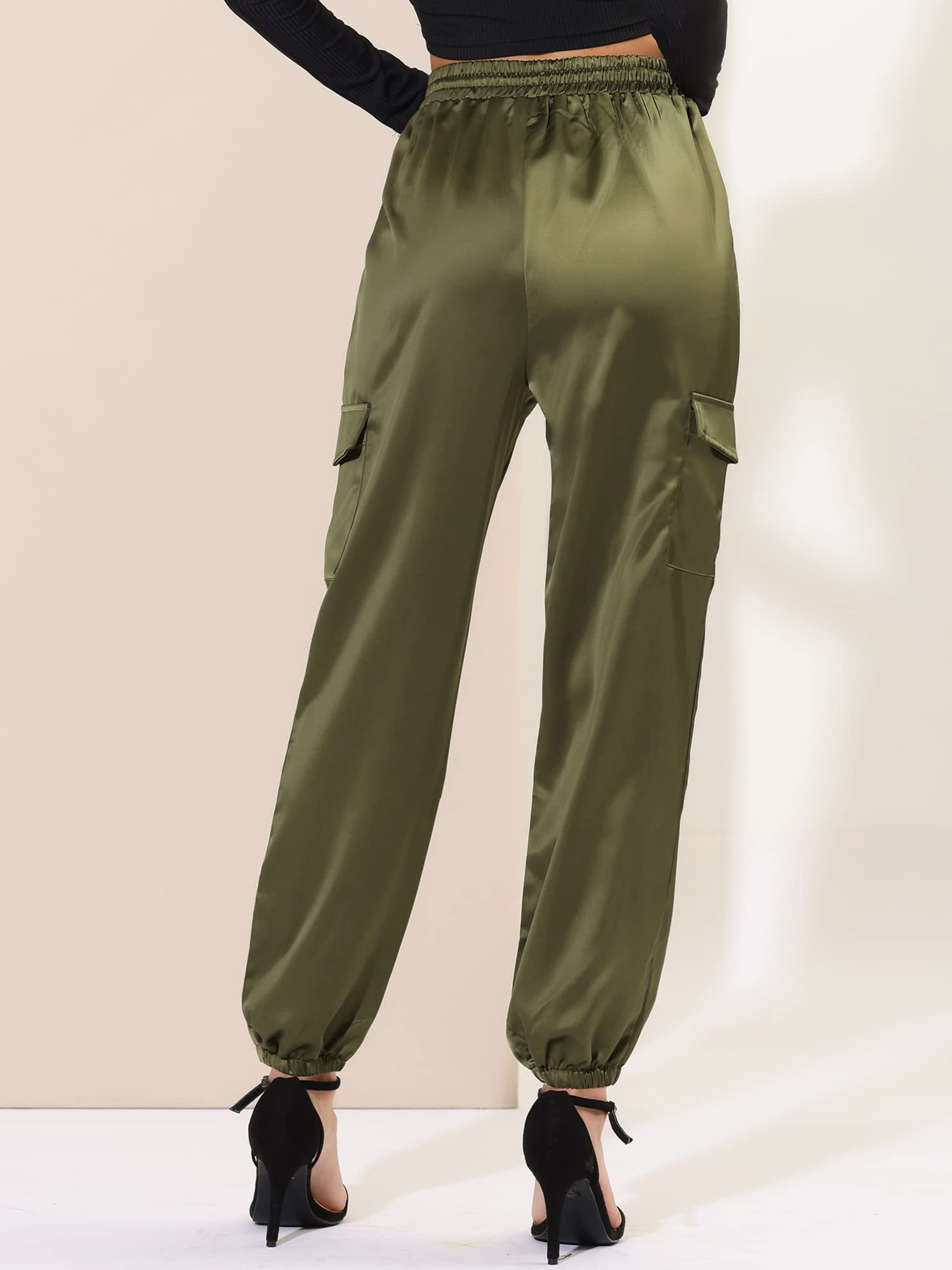 Allegra K Pantaloni Cargo da Donna in Raso di Seta con Elastico a Vita Alta con Coulisse Casual Elegante