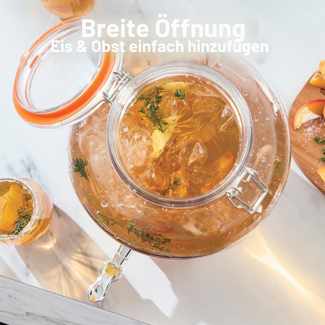 Getränkespender aus Glas mit Zapfhahn, 7.6 Liter Fassungsvermögen, sicherer Schraubdeckel, breiter Flaschenhals/Retro Glas Design, perfekt für Wasser, Saft, Cocktails & mehr