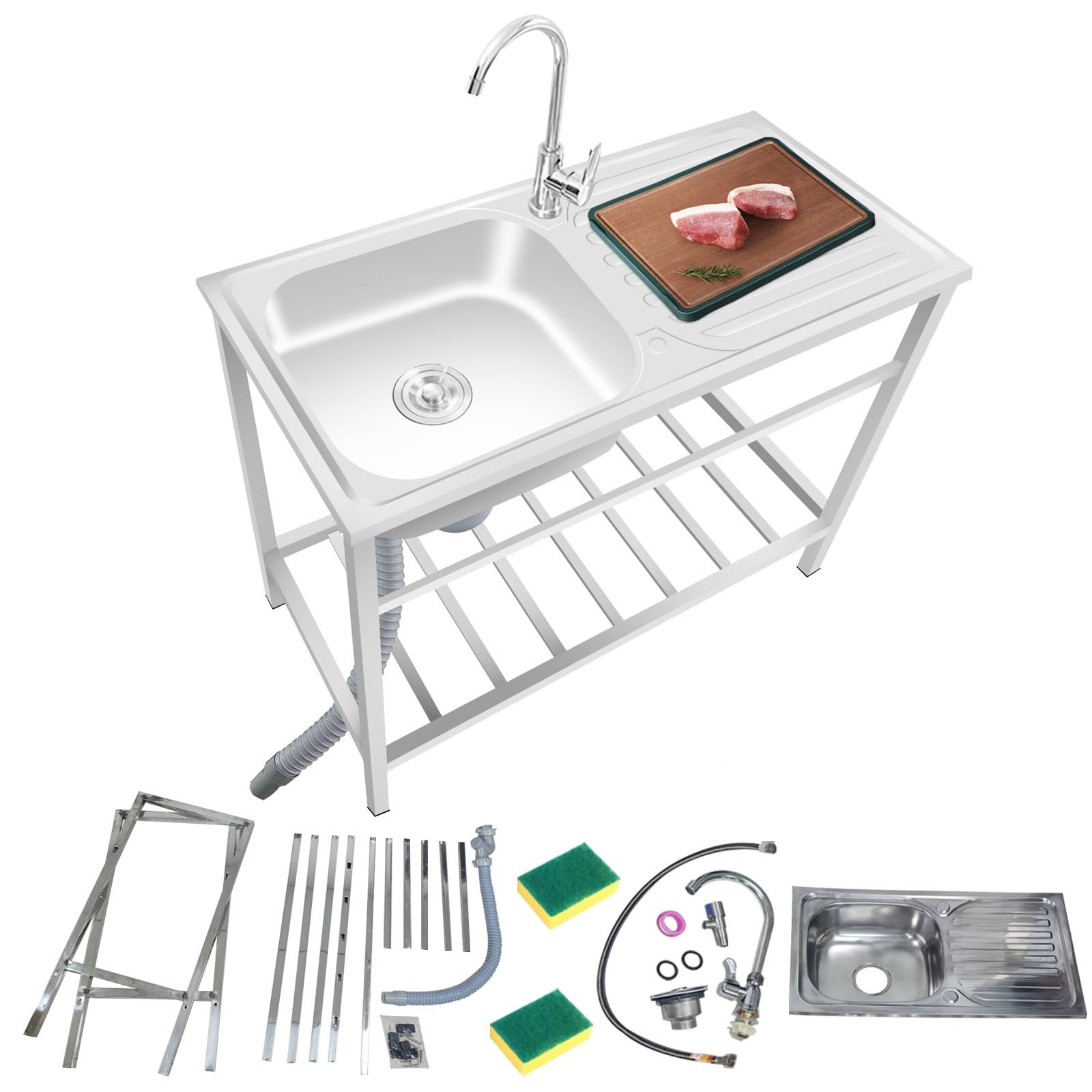 Évier En Acier Inoxydable Extérieur Évier De Jardin Evier De Restaurant Commercial Avec Robinet Et Établi Évier De Autoportant Pour Buanderie Salle De Bain Facile À Assembler(75x40x75cm)