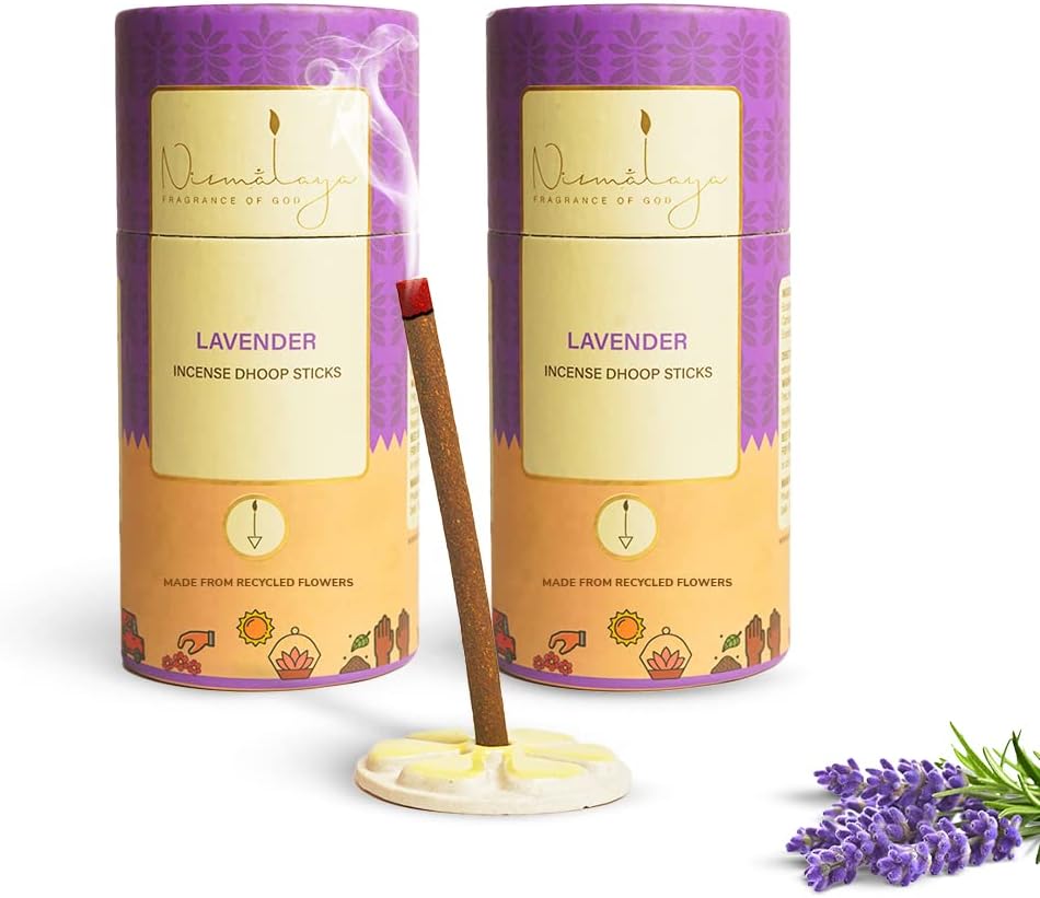 Nirmalaya Premium Lavender Pack of 2 Dhoop Sticks Made with Recycled Flower | Bamboo Less & Charcoal Free | Pack of 40 Sticks, 180g