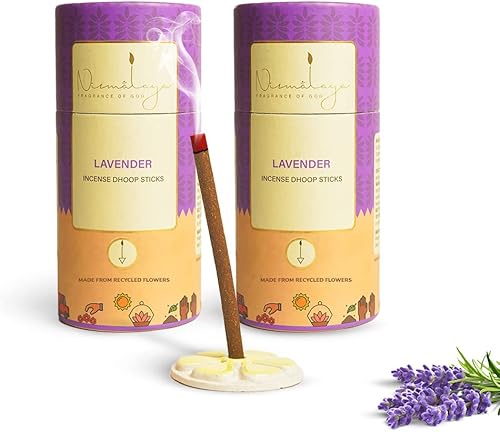 Nirmalaya Palitos de dhoop de lavanda de primera calidad, hechos a mano, orgánicos, sin carbón, hechos de flores de templo, sin bambú, paquete de 40