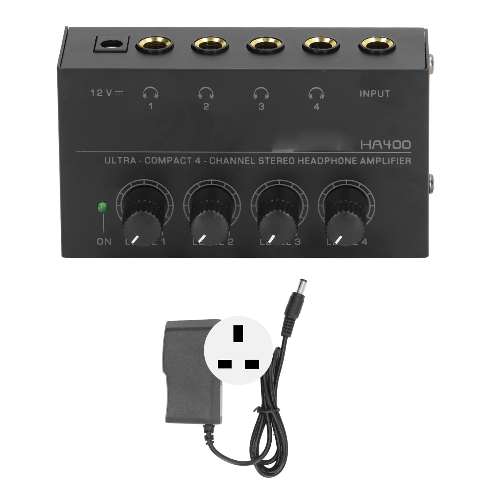 HERCHR Headphone Amplifier, HA400 Ultra Compact 4 Channel Stereo Headphone Amplifier Low Noise Earphone Amplifier 100‑240V for Studio, Stage(British system)