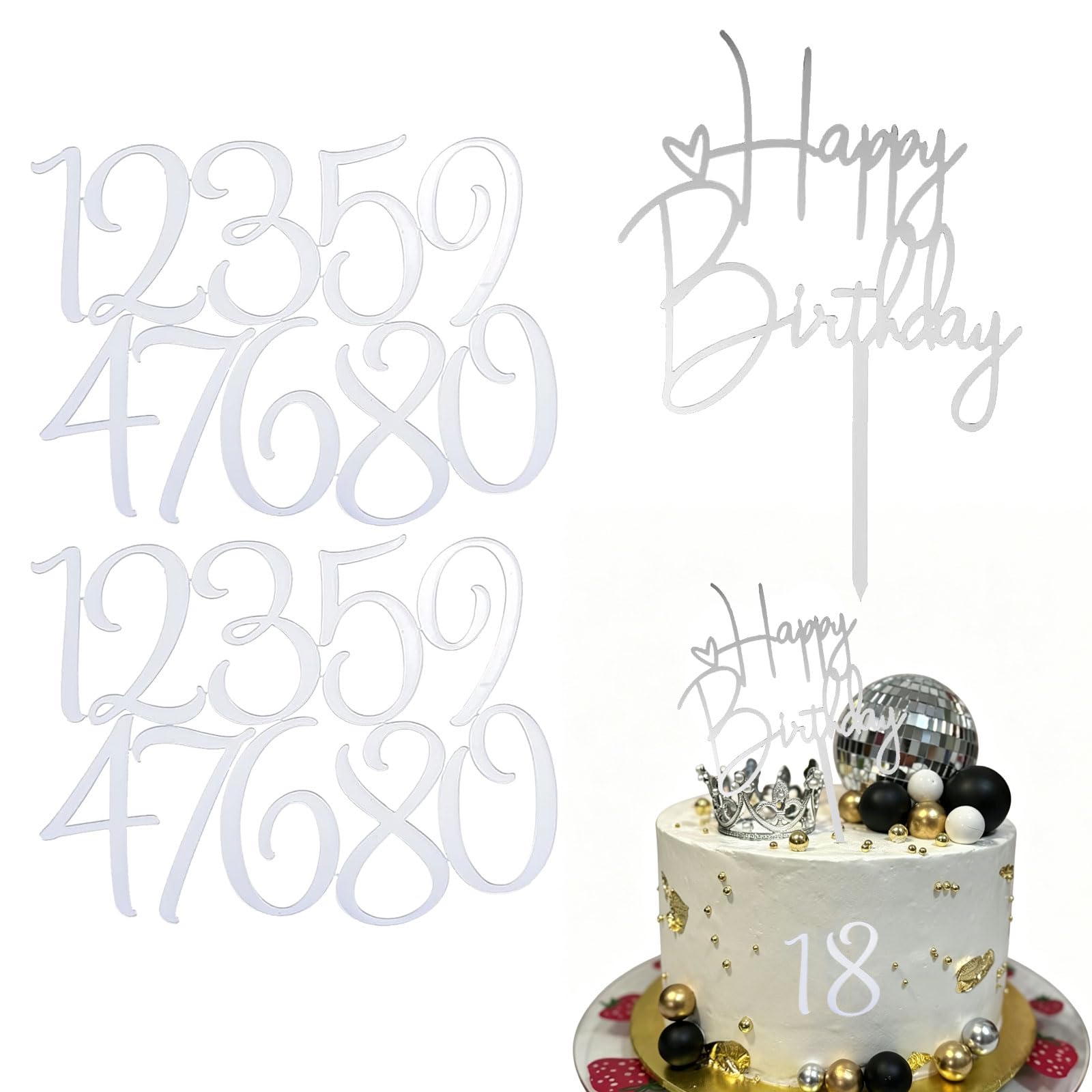 Floruvia 21 Pieces Silver Brilliant Acrylic Number Cake Toppers 0-9 Numbers, For DIY Handmade Cake Decorations For Birthday, Wedding, Anniversary