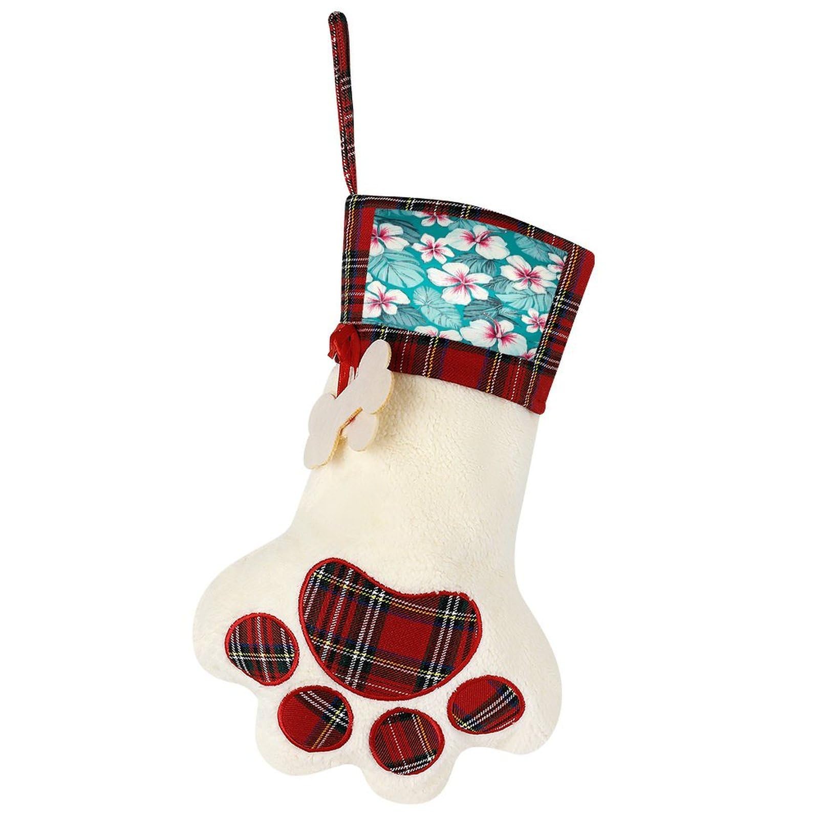 Tropical Hibiscus Flowers Dog Christmas Stocking,Custom Pet Paw Christmas Stockings Xmas Hanging Stockings Paw Shape Stocking for Xmas Tree Fireplace Hanging Christmas Party