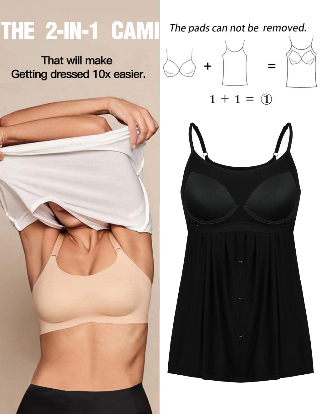 Camisole dla kobiet z wbudowanym biustonoszem, regulowany pasek, podkoszulki bez rękawów, letnie topy do treningu, spania, podróży