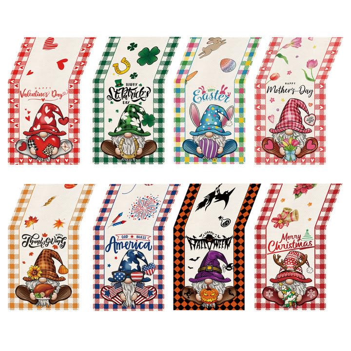 8 Pcs Gnome Seasonal Table Runners Buffalo Plaid Holiday Table Runners for All Seasons Spring Summer Fall Winter Kitchen Dining Table Decoration for Indoor Outdoor Home Party Decor 13 x 72 Inch
