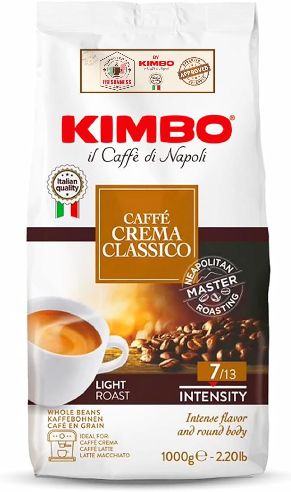 Kimbo Caffe Crema Classico Whole Bean Coffee - Blended and Roasted in Italy - Light Roast with Intense Flavor and Round Body - 2.2 lbs Bag
