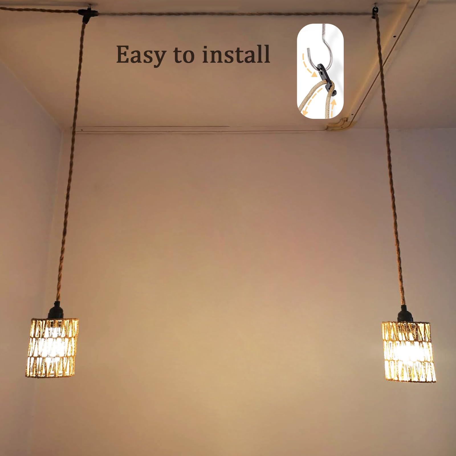 Hanfseil Pendelleuchte mit Stecker 2 Flammig E27 Fassung mit 6M Textilkabel Pendellampe Kit mit Schalten und Eu Stecken Vintage Seil Lampe DIY Hängeleuchte für Esszimmer Schlafzimmer