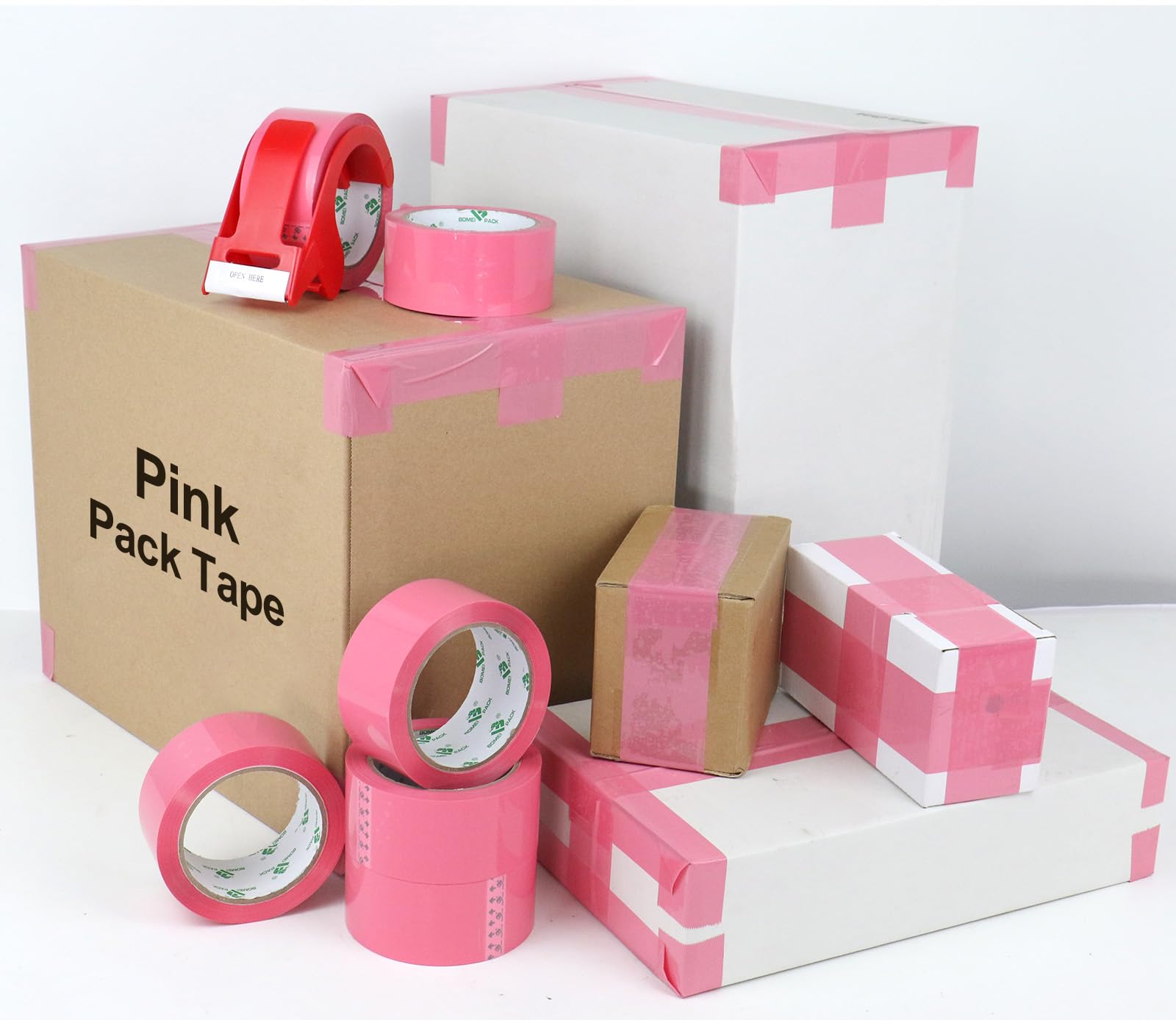 BOMEI PACK Nastro da imballaggio rosa con dispenser, 2,4 mm, 4,7 cm x 60 m, 12 rotoli di ricambio per scatole di colore rosa, nastro per imballaggio, spedizione, spedizione e stoccaggio