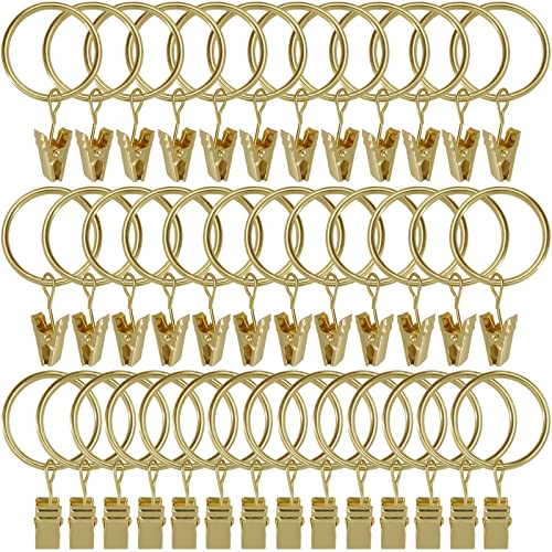 Image of WeeksEight 40 Pack Gold Curtain Rings with Clips, Curtain Hooks Hangers Clip Rings for Hanging Drapes Bows Hat, Drapery Rings 1.26 in I D, Fits up to 1 in Diameter Curtain Rod.