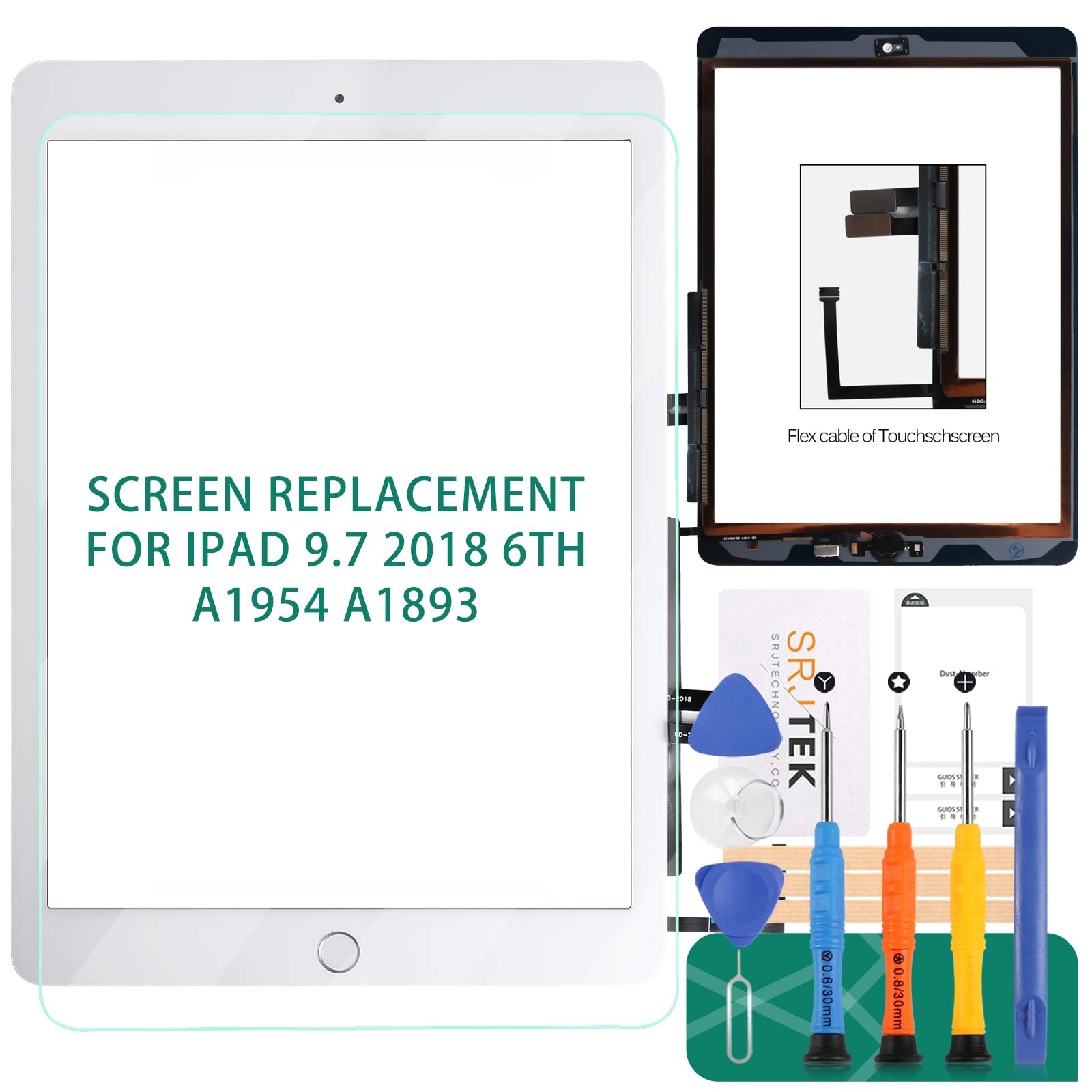 SRJTEK for iPad 9.7 2018 Touch Screen for iPad 6 Digitizer 6th Gen A1893 Screen Replacement A1954 Touch Glass Front Panel Sensor Installed Adhesive +Tools+Tempered Glass (with Home Button) (White)