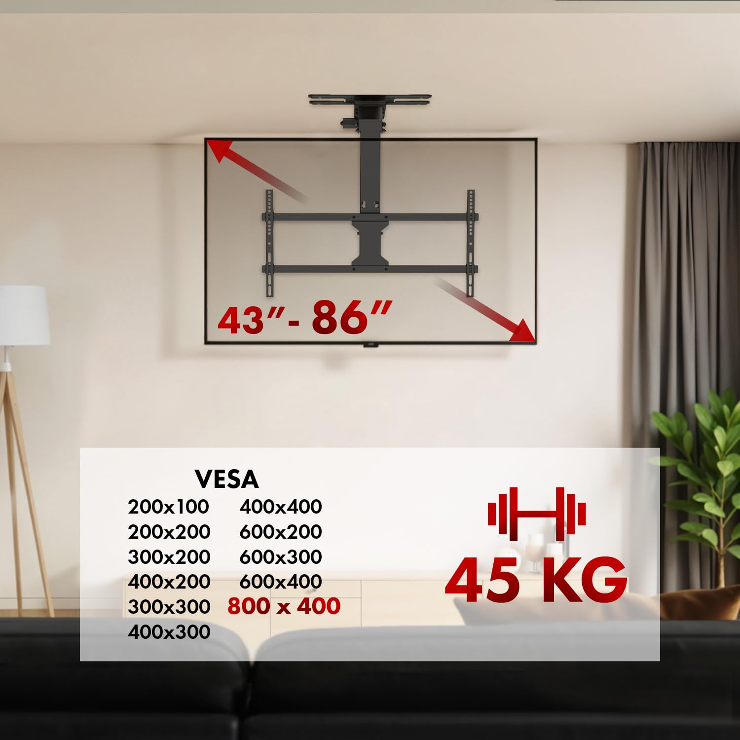 Maclean MC‑109 T - Supporto da soffitto elettrico per TV 43-86″ fino a 45 kg VESA 800×400 pilotaggio Tuya telecomando inclinazione – 75° rotazione ±90° anti ostruzione nero