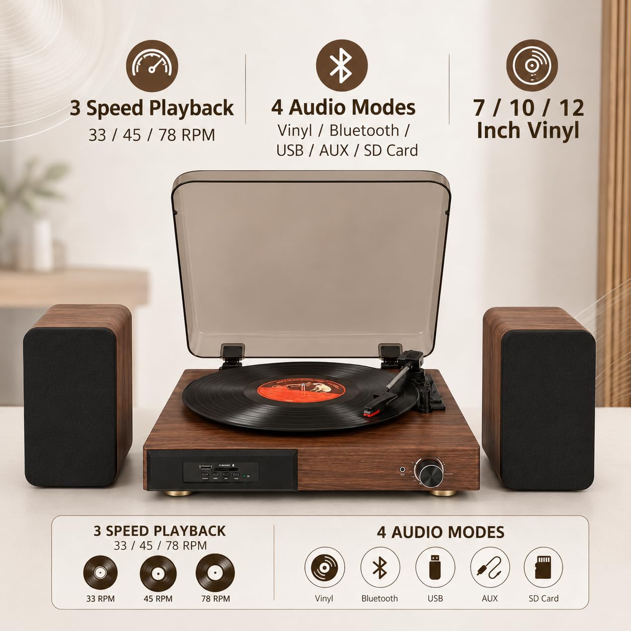 Gramofon Bluetooth z podwójnymi zewnętrznymi głośnikami