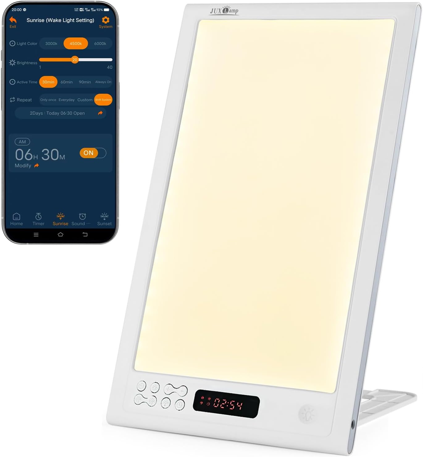 Bright Light Therapy Lamp 12000 Lux – Sunrise Alarm Clock with Dawn Simulator, APP Control – Wake Up Happy & Start Your Day Positively