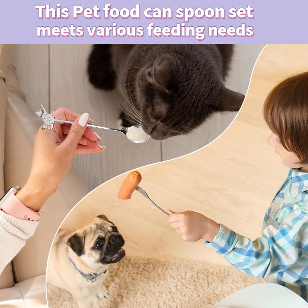 Cuillère à friandises pour chat, 2 petites fourchettes et cuillères en acier inoxydable facile à nettoyer ensemble mignon de cuillère de nourriture pour chat pour la nourriture humide en conserve pour