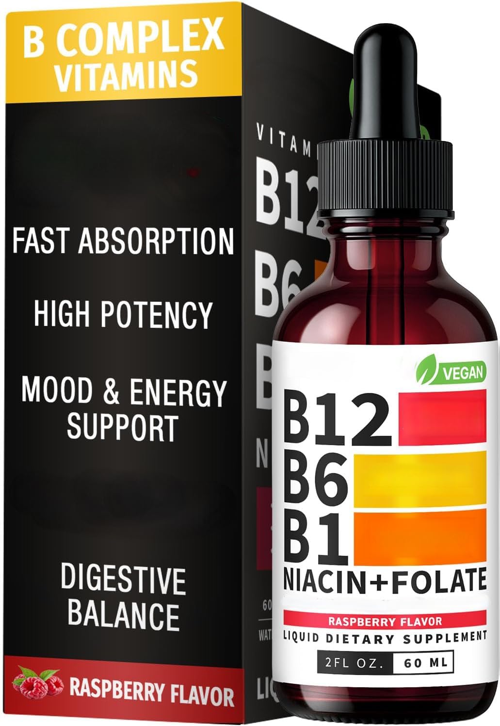 Gotas líquidas de complejo B 5 en 1, 5000 mcg de metilo B12 con folato de niacina B1 B6, frambuesa sublingual para apoyo energético, cerebro y corazón, paquete de 2