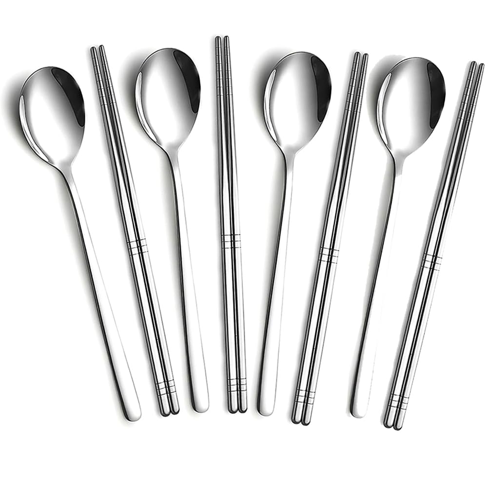 Spoon and Chopsticks Set, 4 Pair Metal Chopsticks Spoon Set, 4 Set Reusable Korean Spoons Set for Home, Kitchen or Restaurant